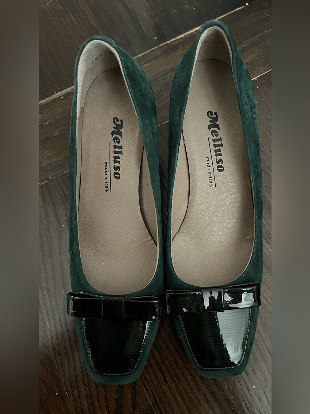 Green Suede Heels with Black Patent Toe and Bow